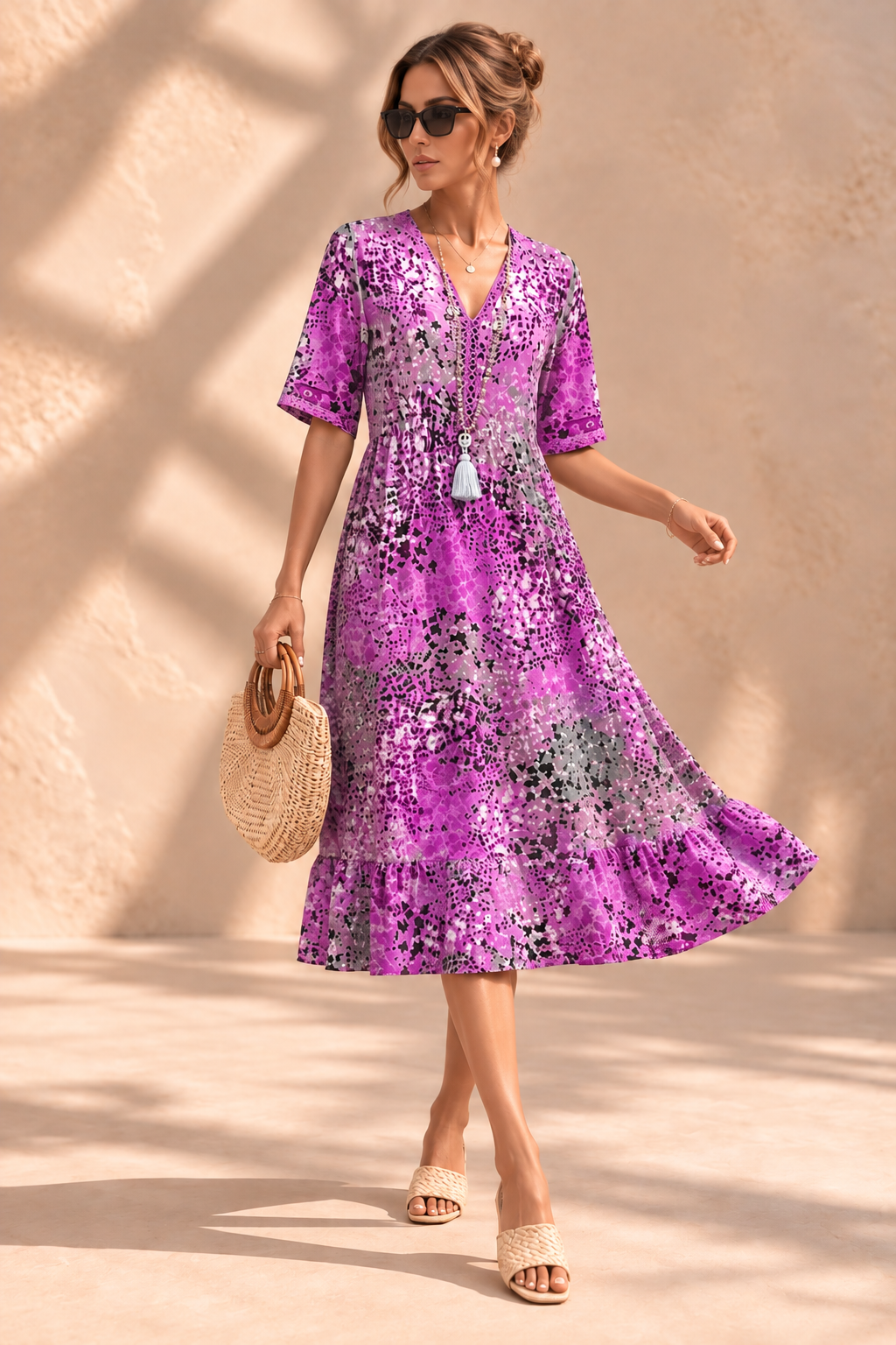 Iris™ | Luchtige Buikcamouflerende Midi-jurk met Print