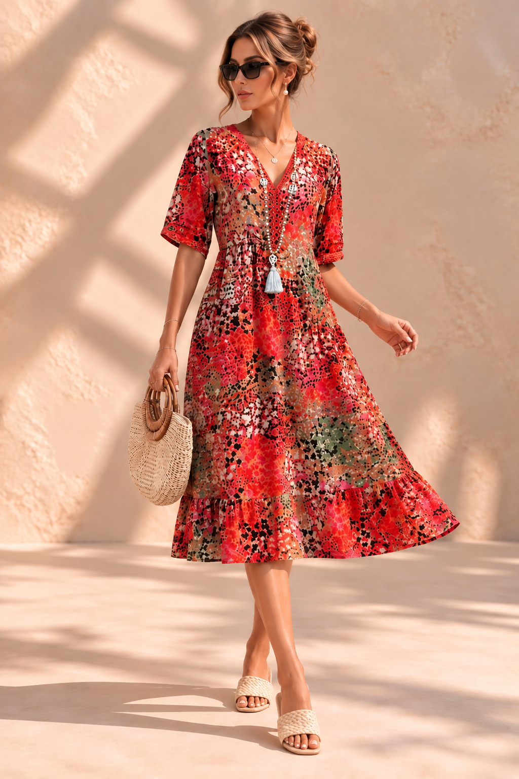 Iris™ | Luchtige Buikcamouflerende Midi-jurk met Print