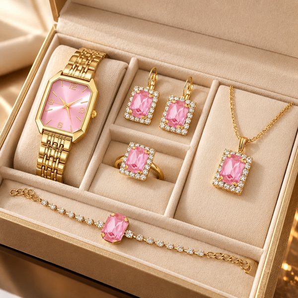 Roselle™ | Roze Kristallen Horloge- & Sieradenset