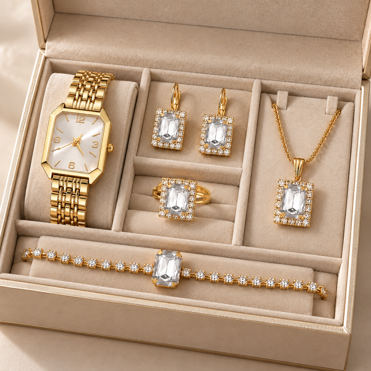 Roselle™ | Roze Kristallen Horloge- & Sieradenset