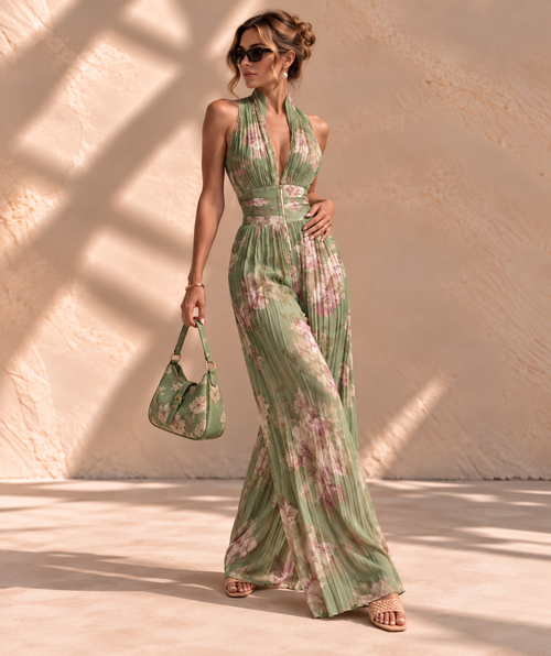 Camellia™ | Halter Jumpsuit met Bloemenprint en Wijde Pijpen