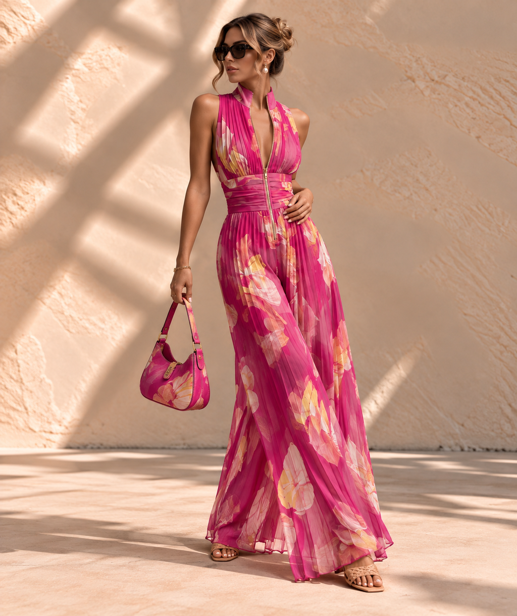 Camellia™ | Halter Jumpsuit met Bloemenprint en Wijde Pijpen