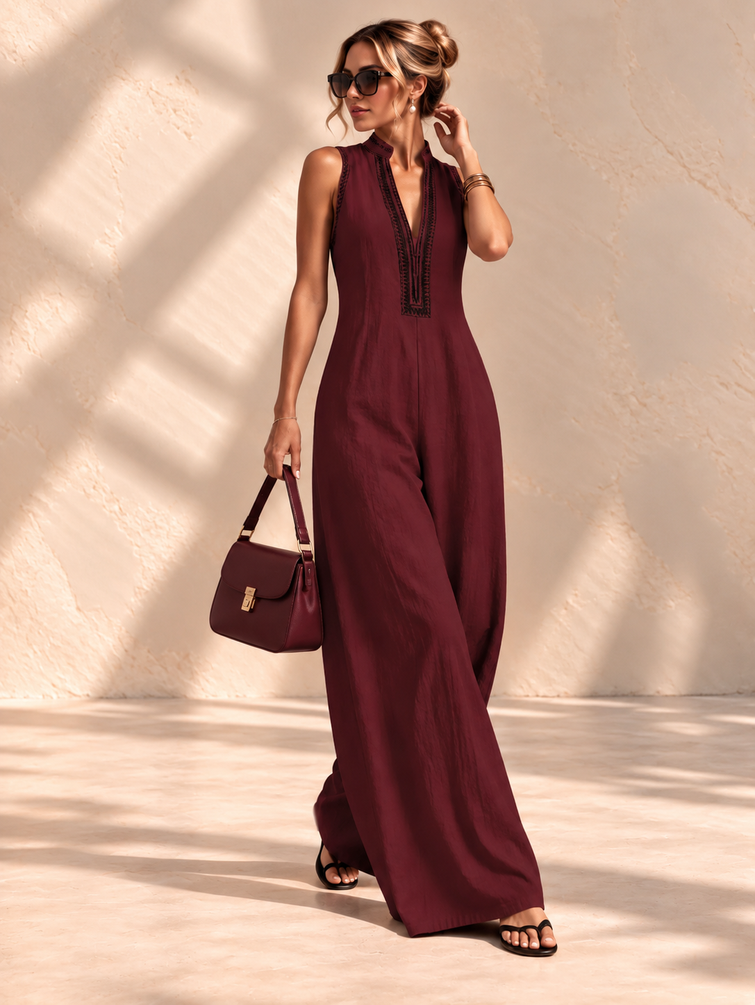 Valentina™ | Geborduurde Jumpsuit met V-hals en Wijde Pijpen