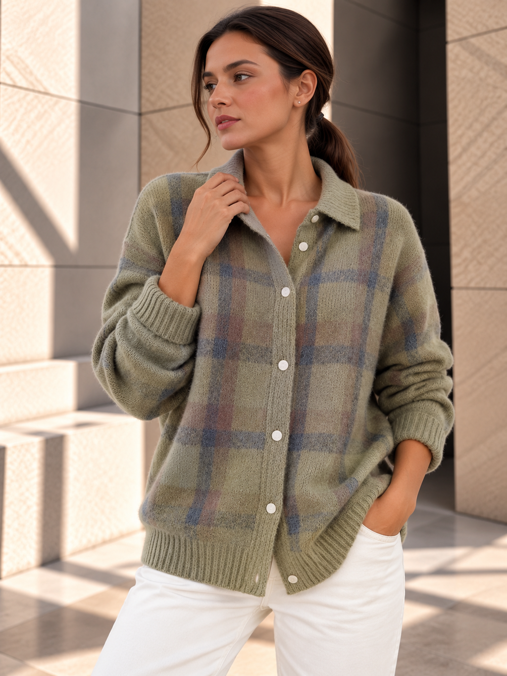 Ruby™ | Geruit Gebreid Vest met Knopen