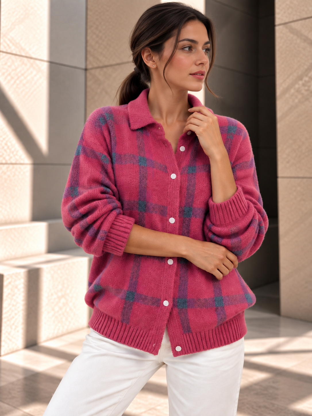 Ruby™ | Geruit Gebreid Vest met Knopen