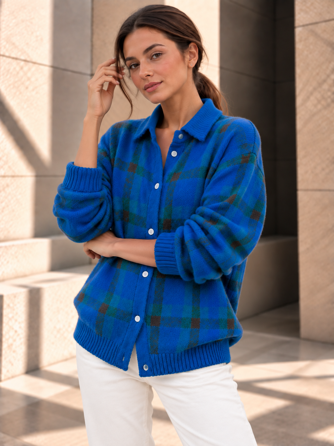 Ruby™ | Geruit Gebreid Vest met Knopen