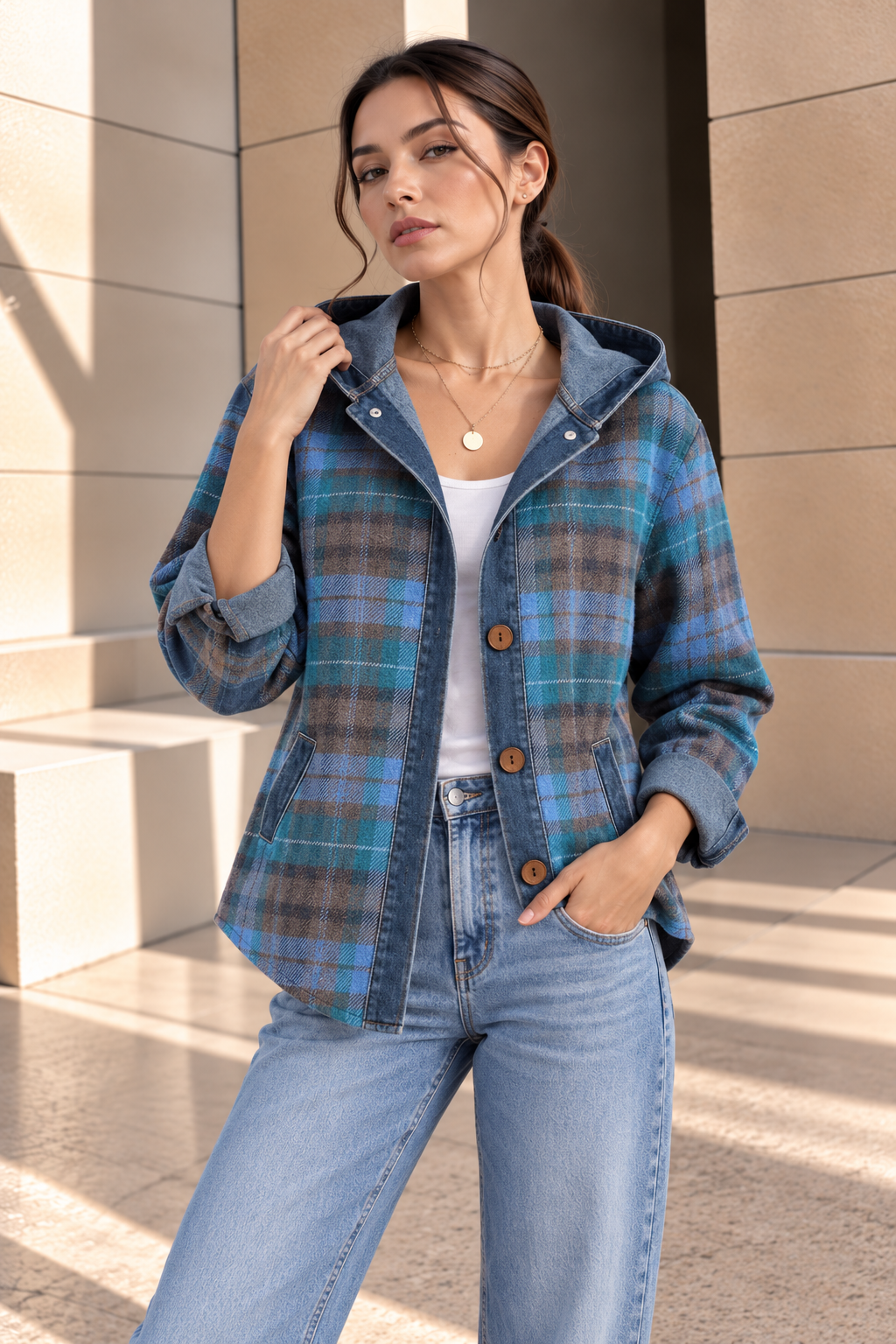 Brielle™ | Geruit Denim Jack met Capuchon