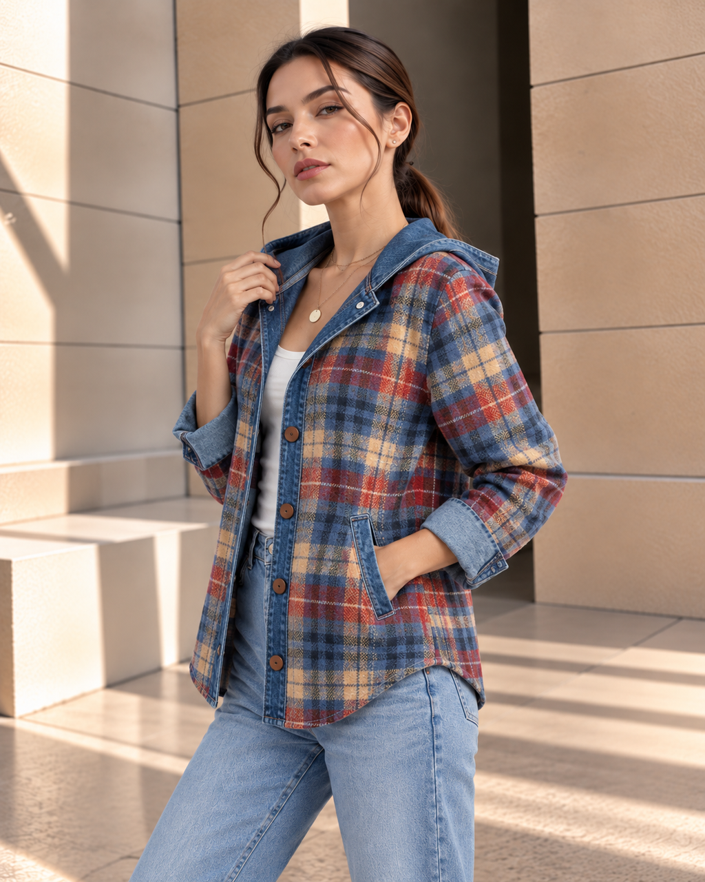 Brielle™ | Geruit Denim Jack met Capuchon