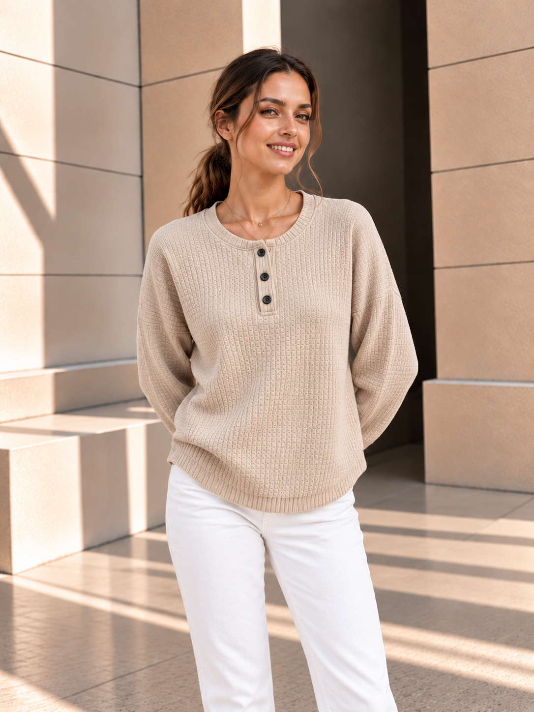 Elara™ | Gebreide Henley Trui met Textuur