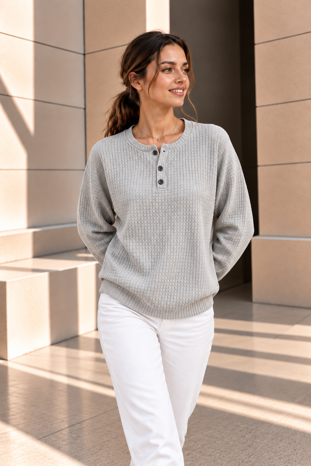Elara™ | Gebreide Henley Trui met Textuur