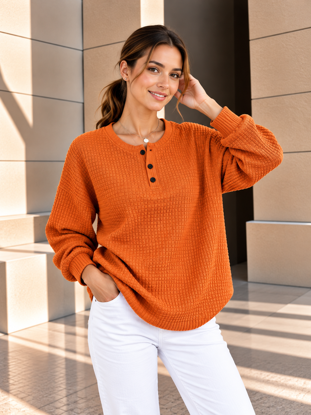 Elara™ | Gebreide Henley Trui met Textuur