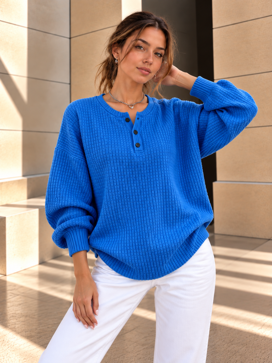 Elara™ | Gebreide Henley Trui met Textuur