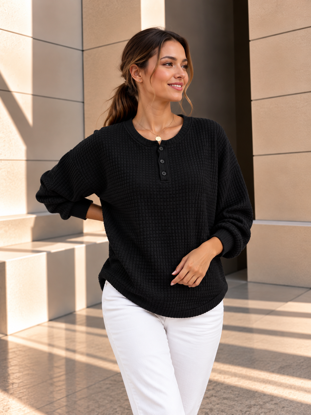 Elara™ | Gebreide Henley Trui met Textuur