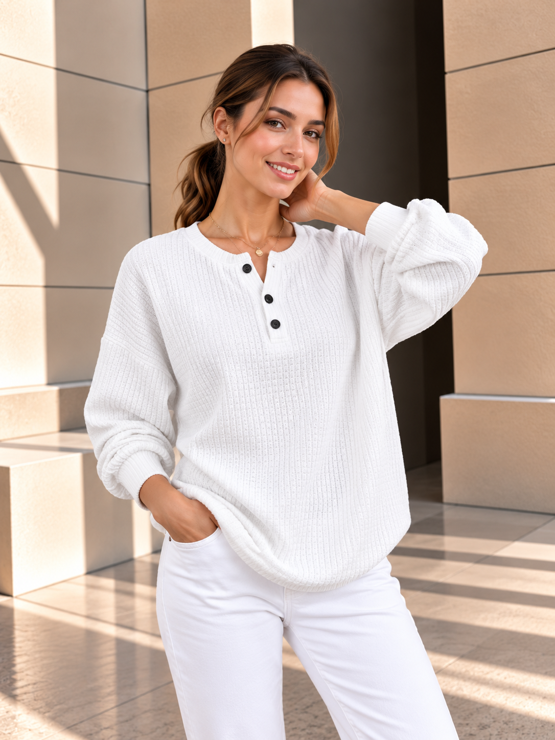 Elara™ | Gebreide Henley Trui met Textuur