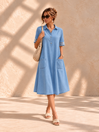 Brittany™ | Buikcamouflerende Blousejurk in Denim-look