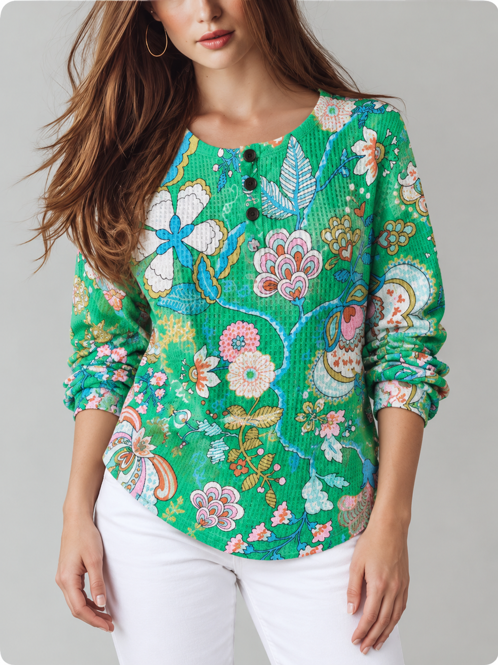 Maribel™ | Henley Top met Bloemenprint en Lange Mouwen