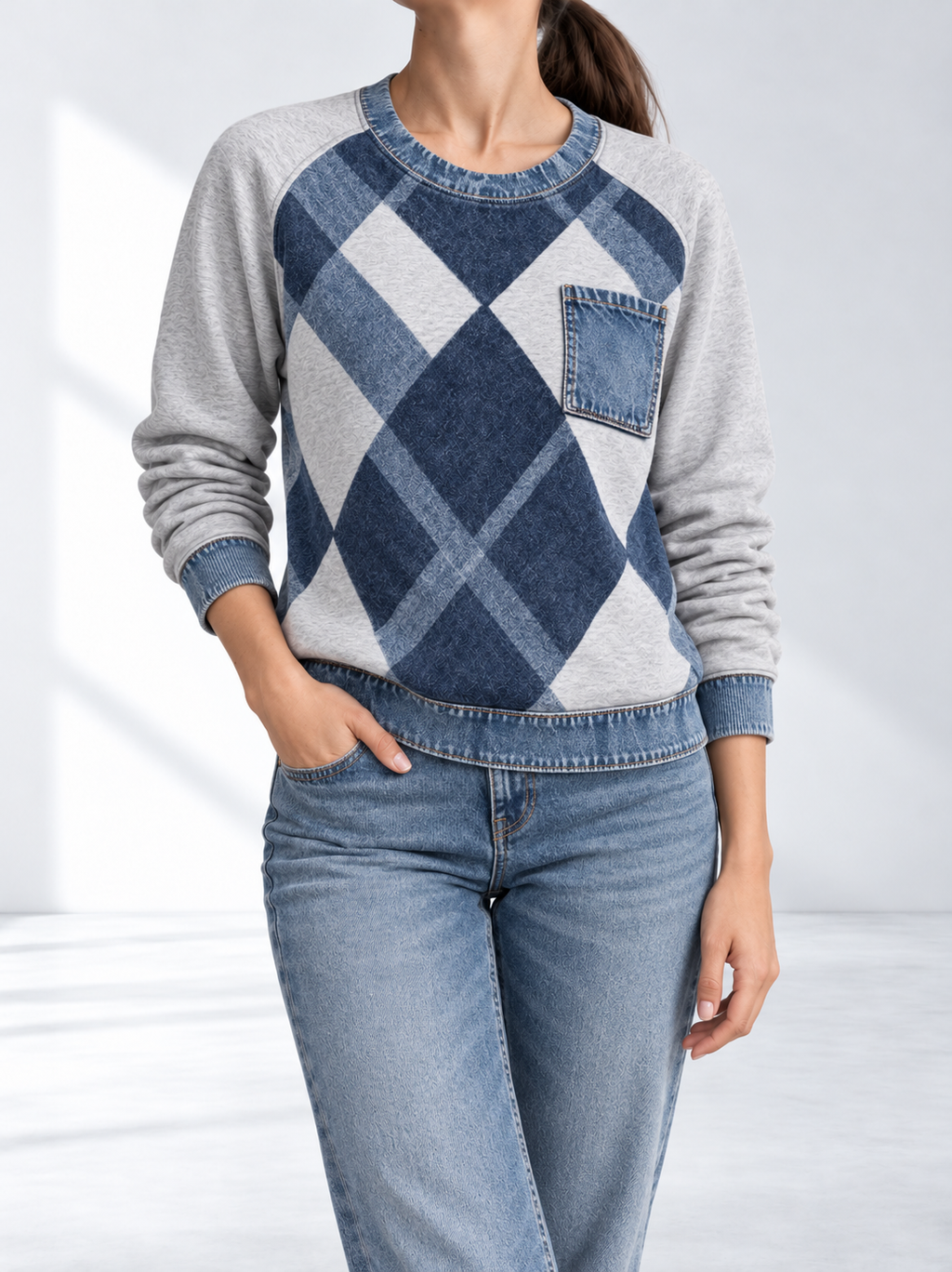 Lennox™ | Sweater met Gebreide Mouwen en Denimrand