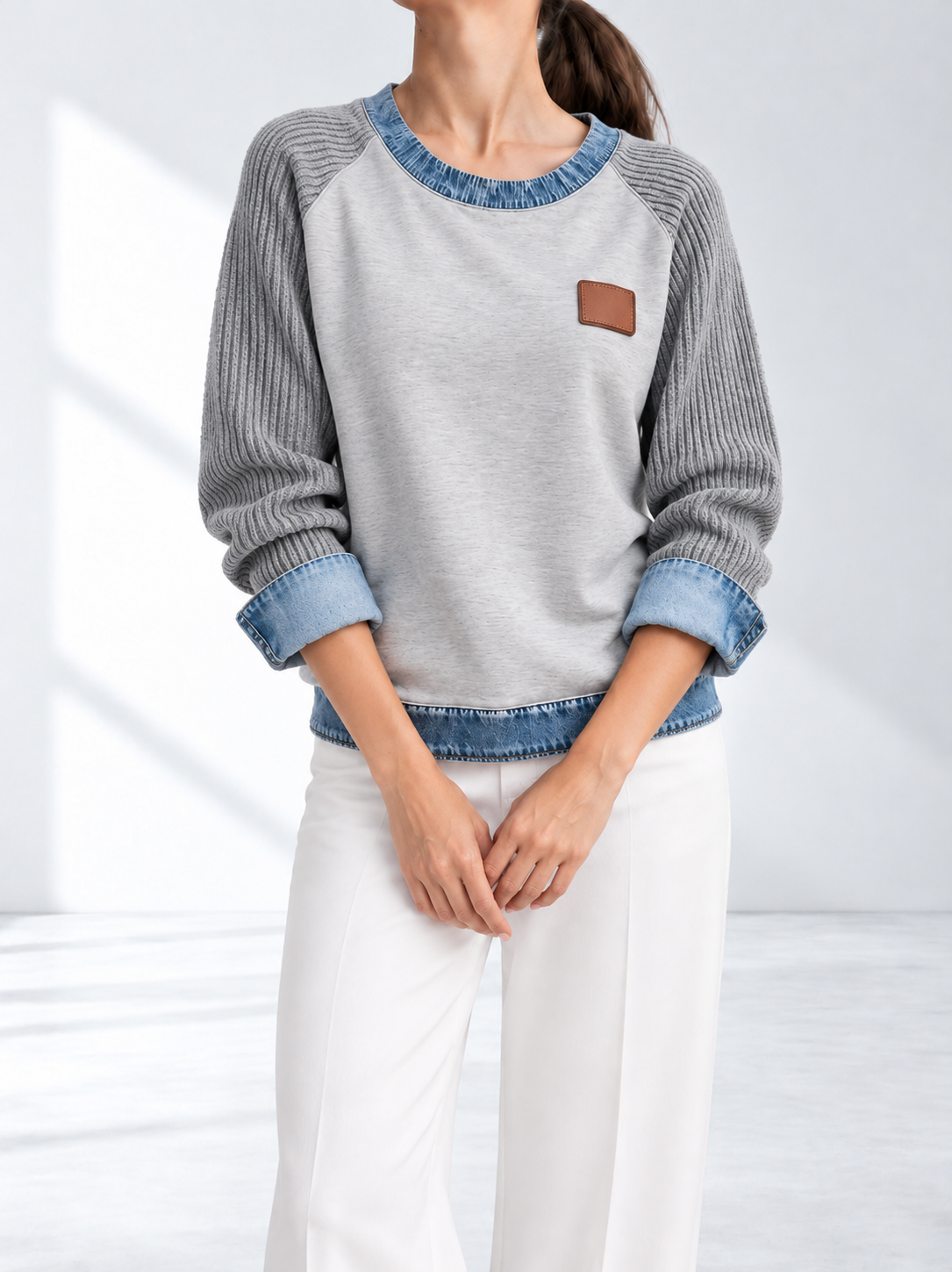 Lennox™ | Sweater met Gebreide Mouwen en Denimrand