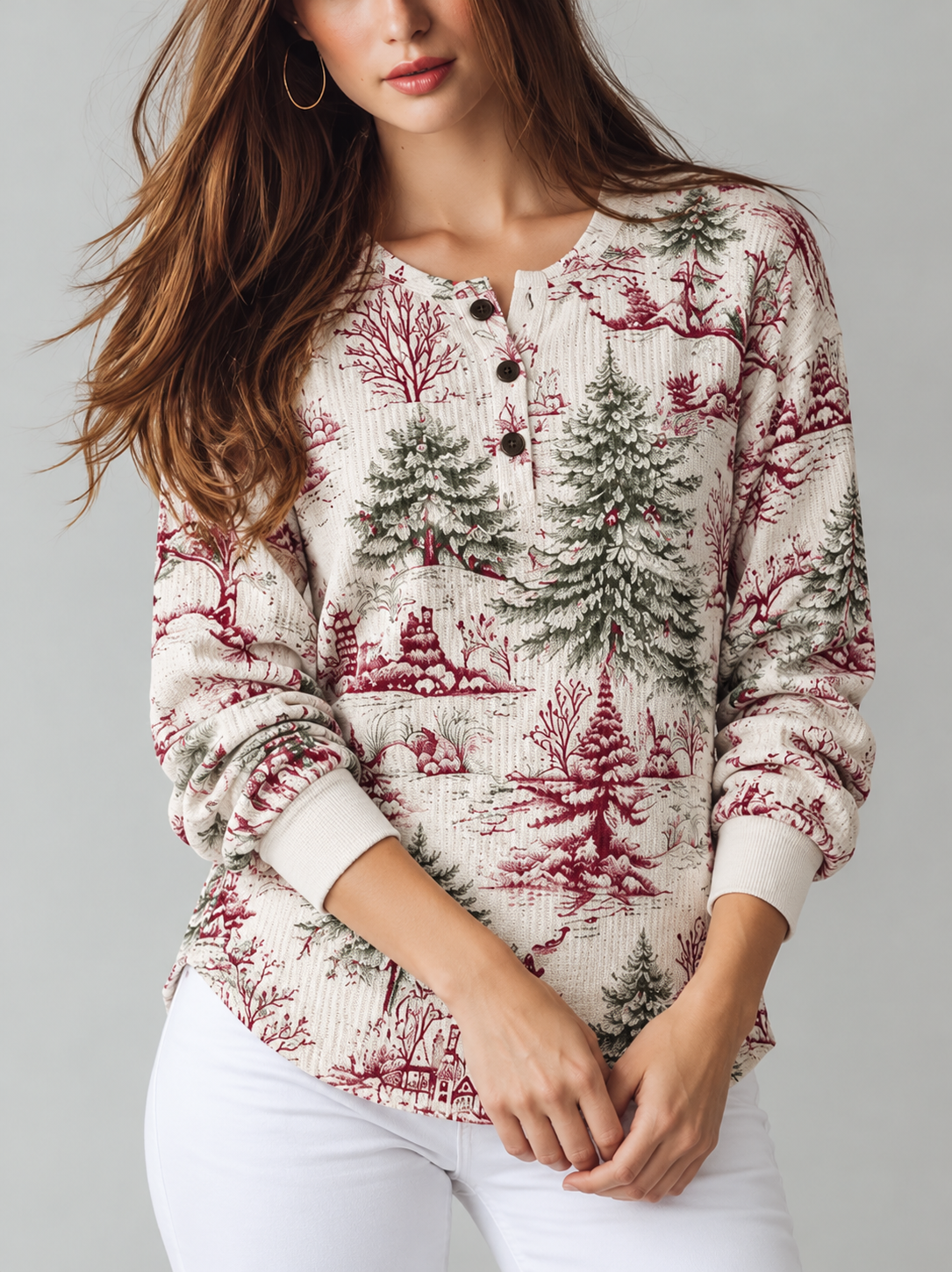 Maribel™ | Henley Top met Bloemenprint en Lange Mouwen