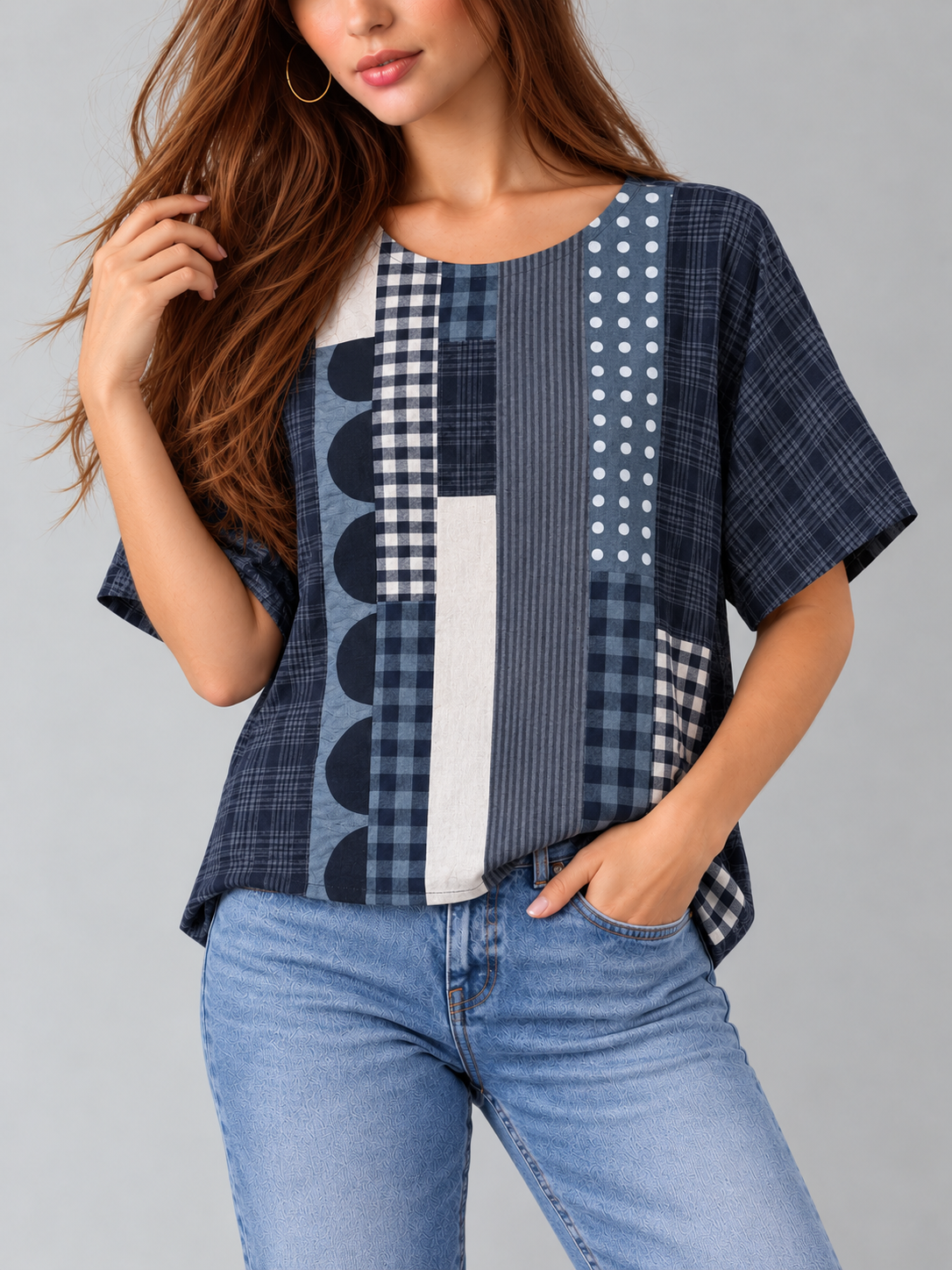 Harper™ | Relaxte Top met Patchworkprint