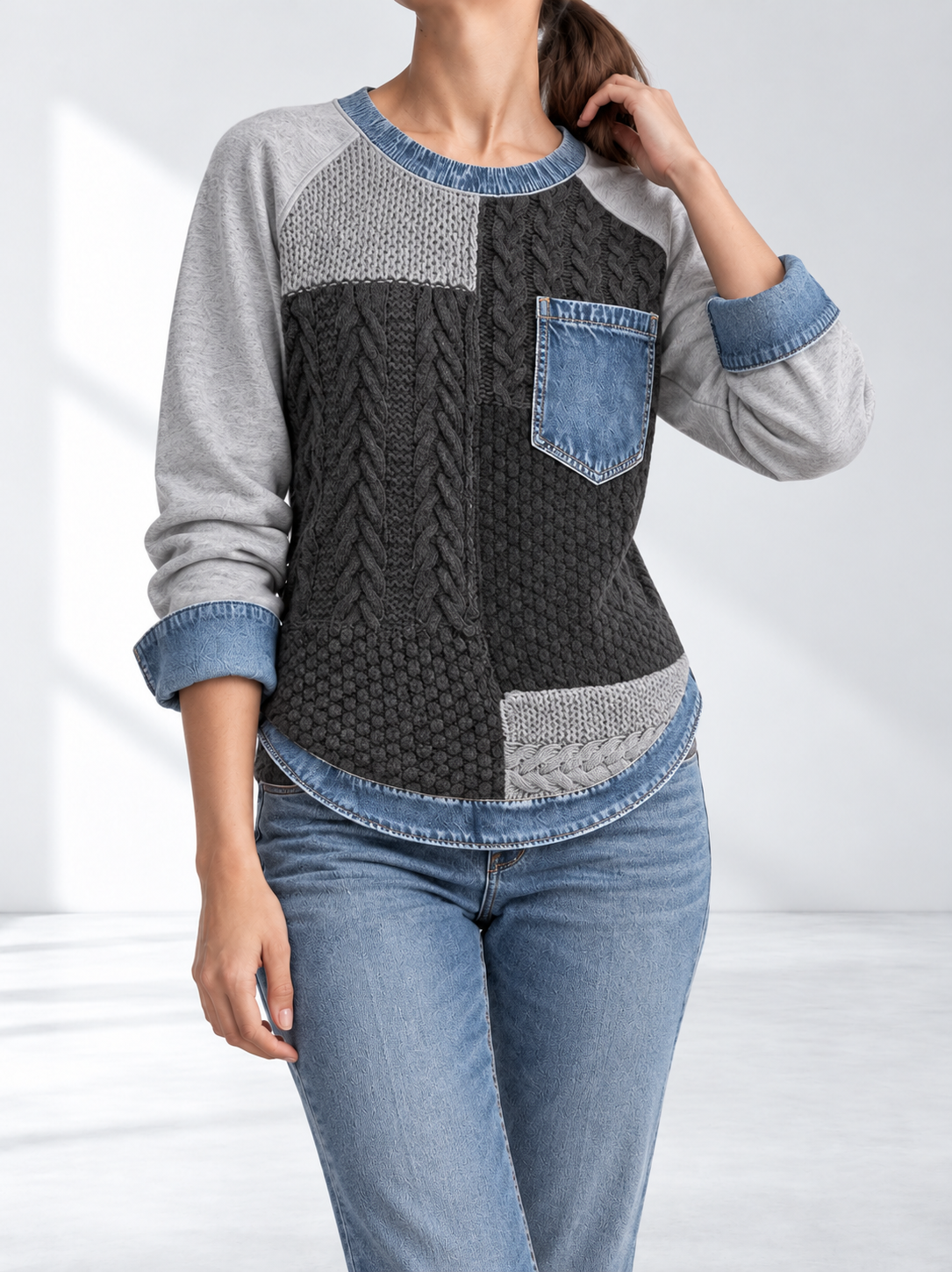 Lennox™ | Sweater met Gebreide Mouwen en Denimrand