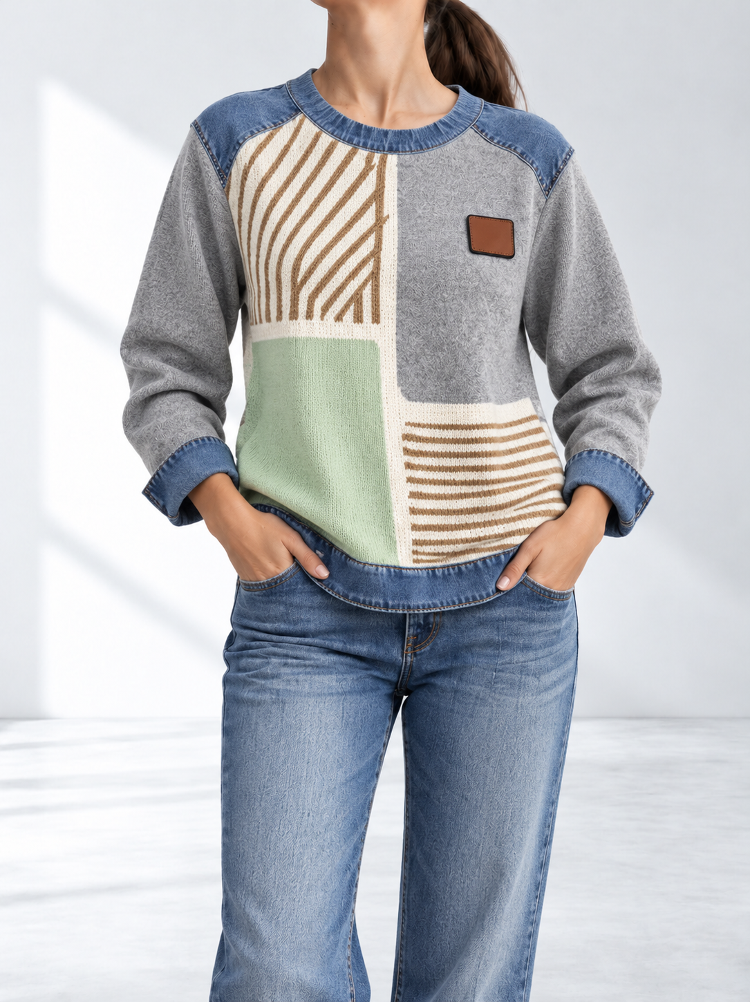 Lennox™ | Sweater met Gebreide Mouwen en Denimrand