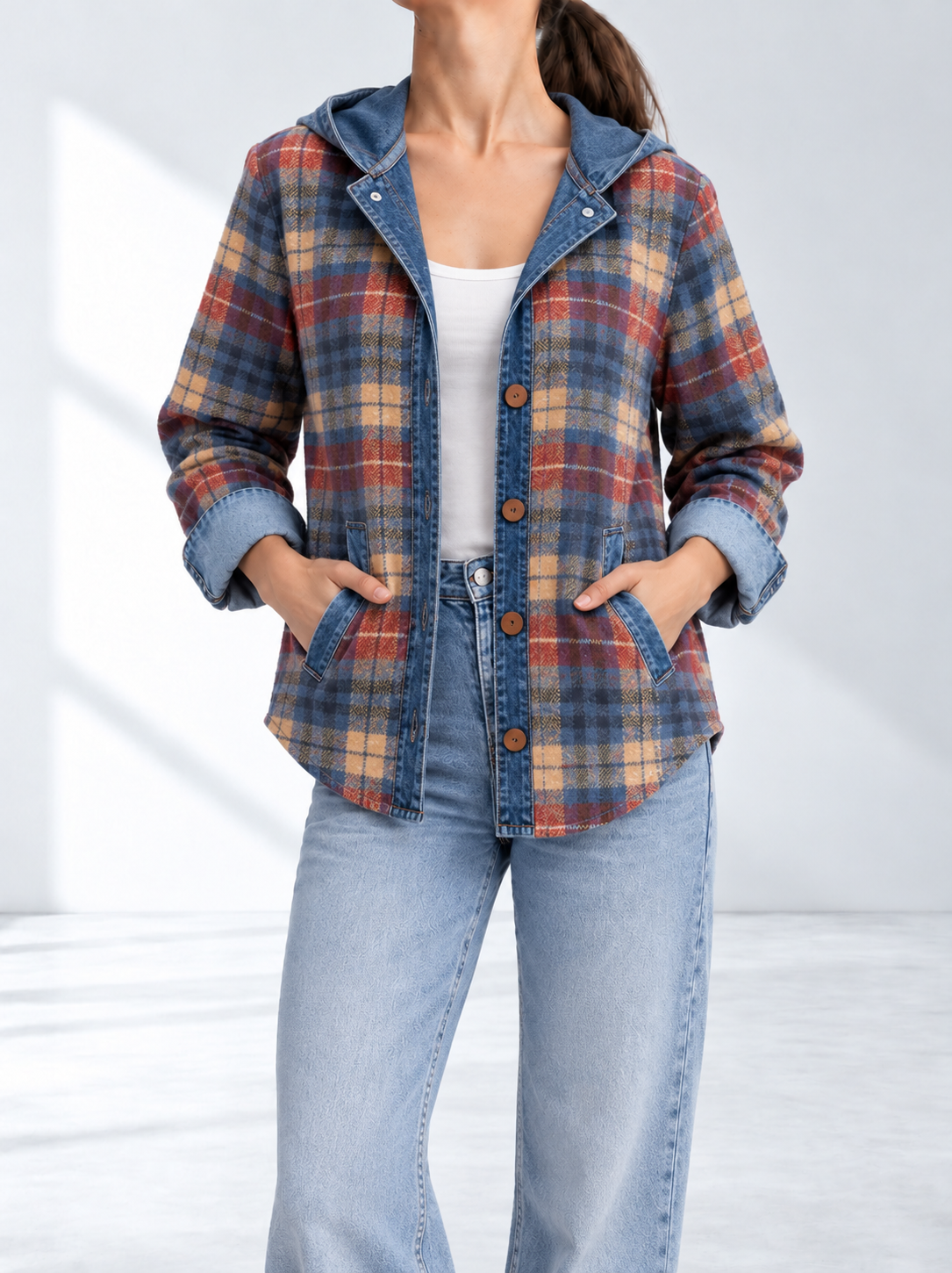 Brielle™ | Geruit Denim Jack met Capuchon
