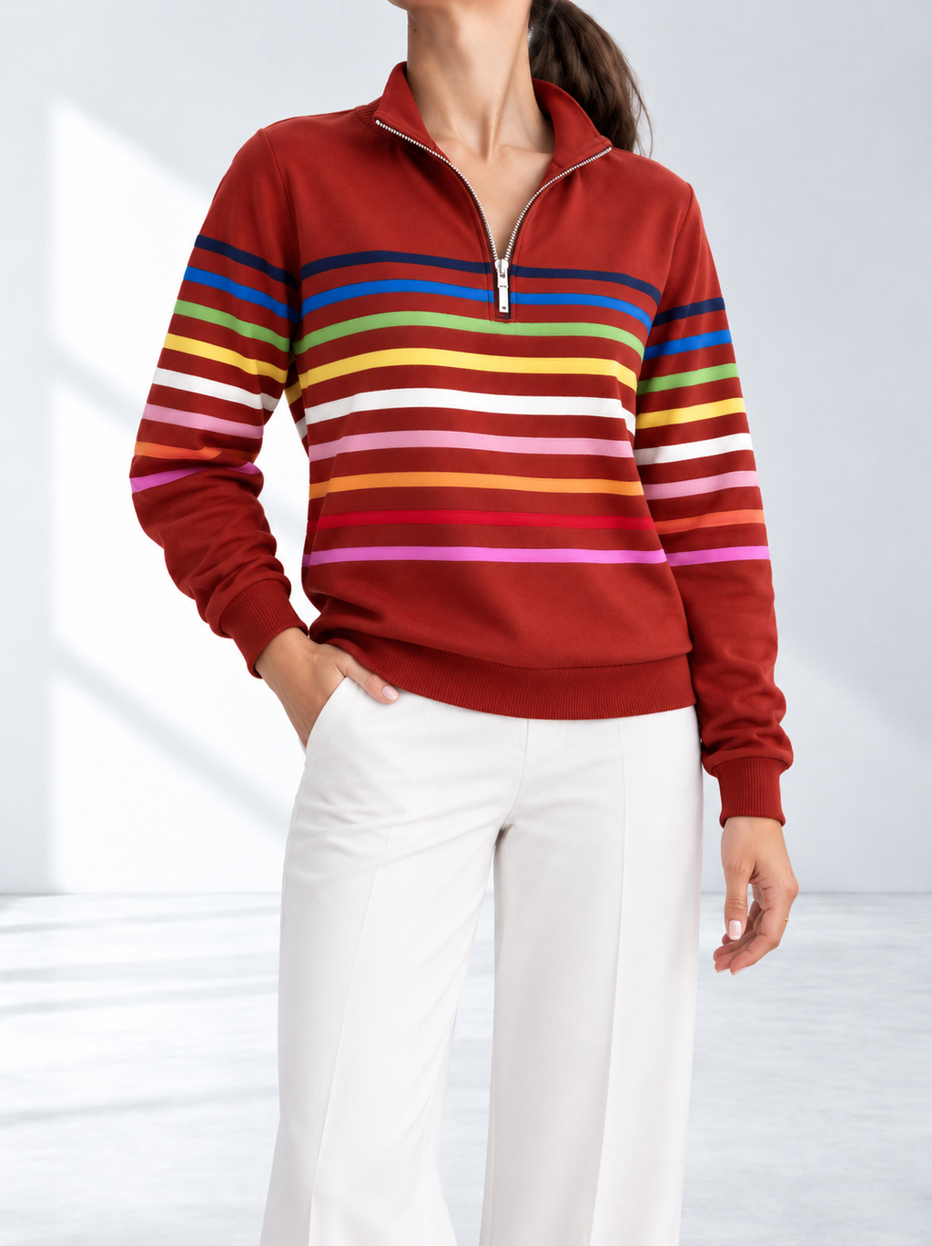 Elara-Mae™ | Striped Quarter-Zip Sweatshirt