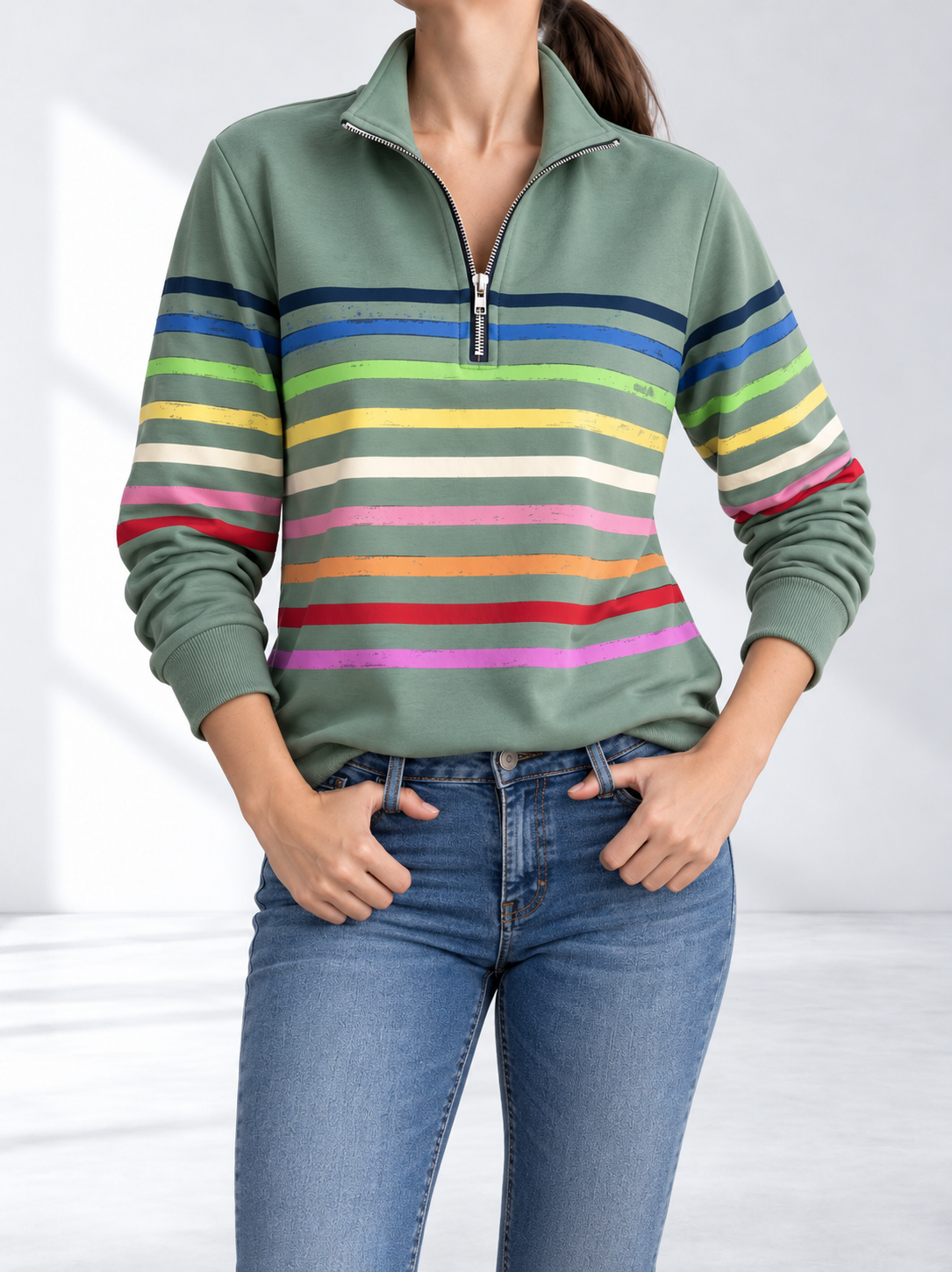 Elara-Mae™ | Striped Quarter-Zip Sweatshirt