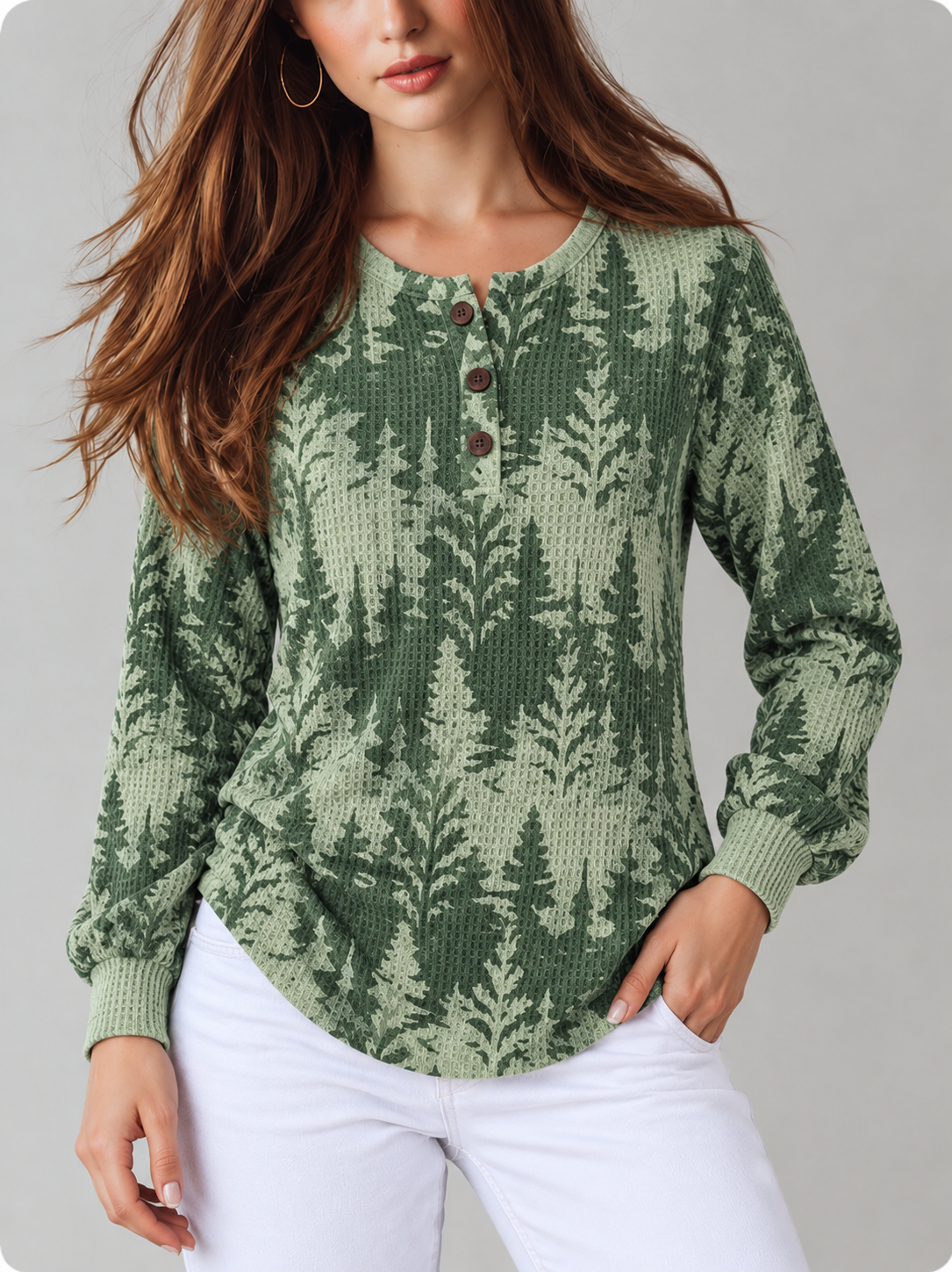 Maribel™ | Henley Top met Bloemenprint en Lange Mouwen