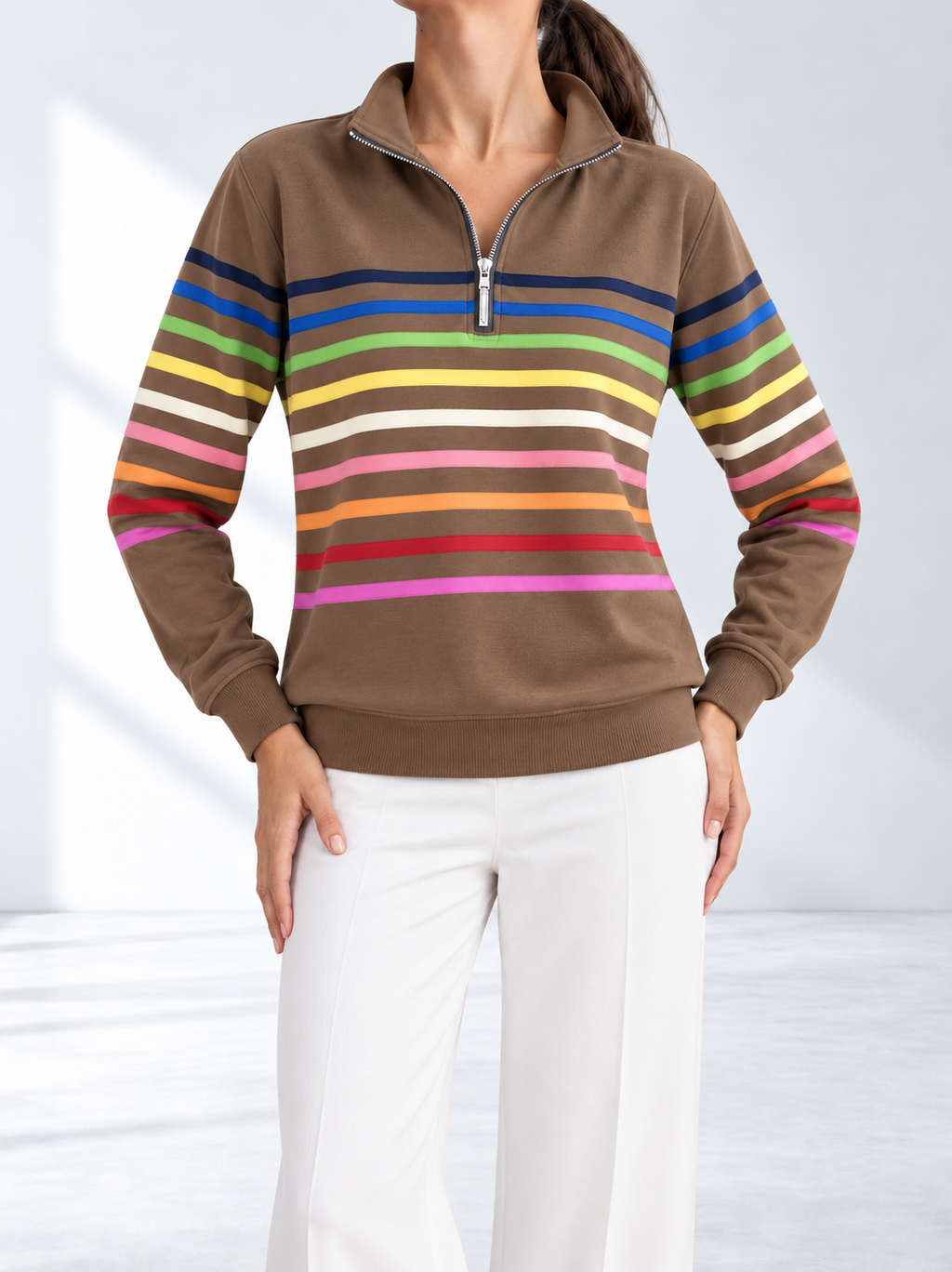 Elara-Mae™ | Striped Quarter-Zip Sweatshirt