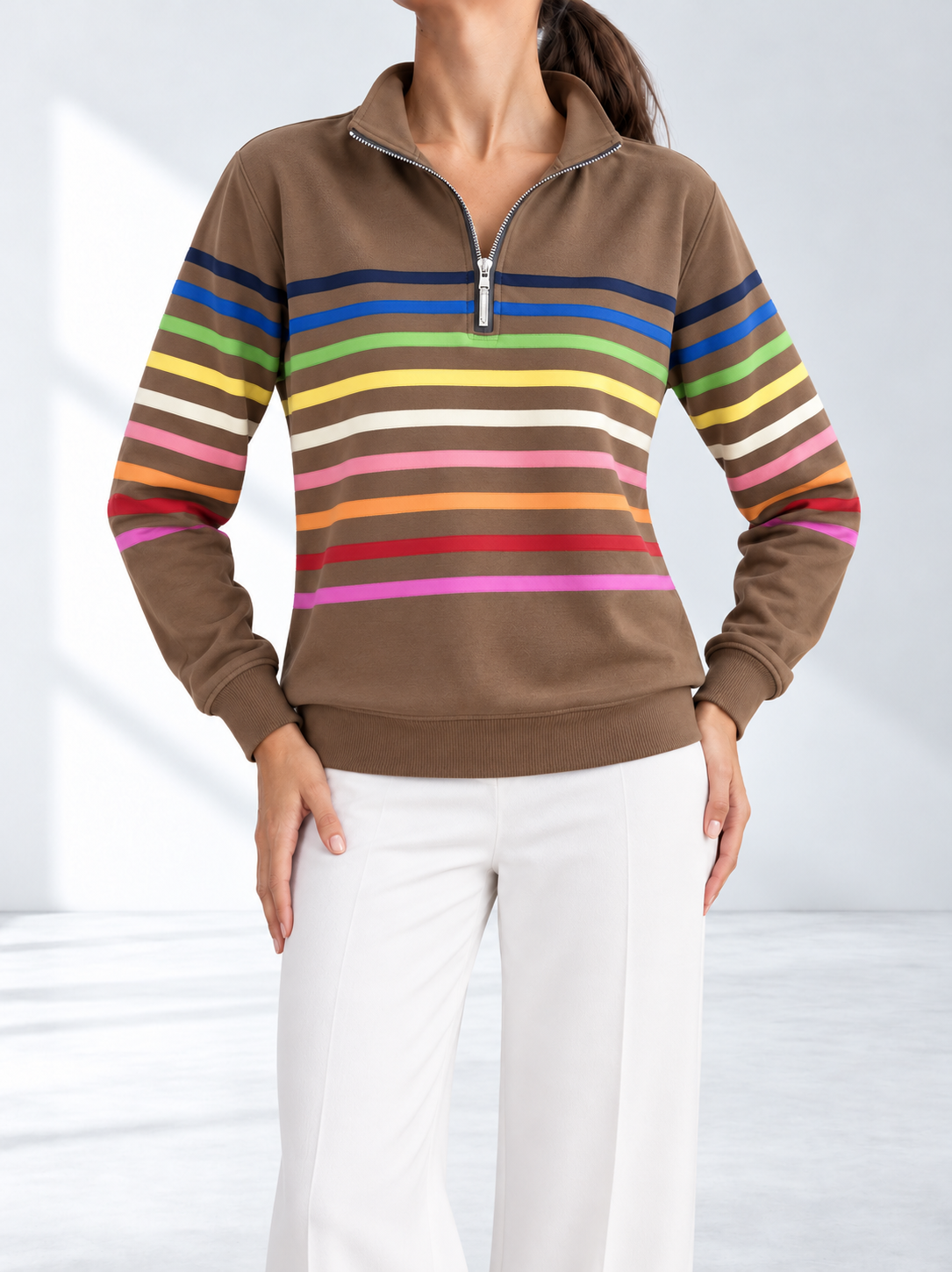 Elara-Mae™ | Striped Quarter-Zip Sweatshirt