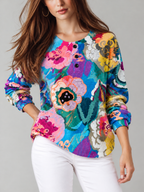 Maribel™ | Henley Top met Bloemenprint en Lange Mouwen