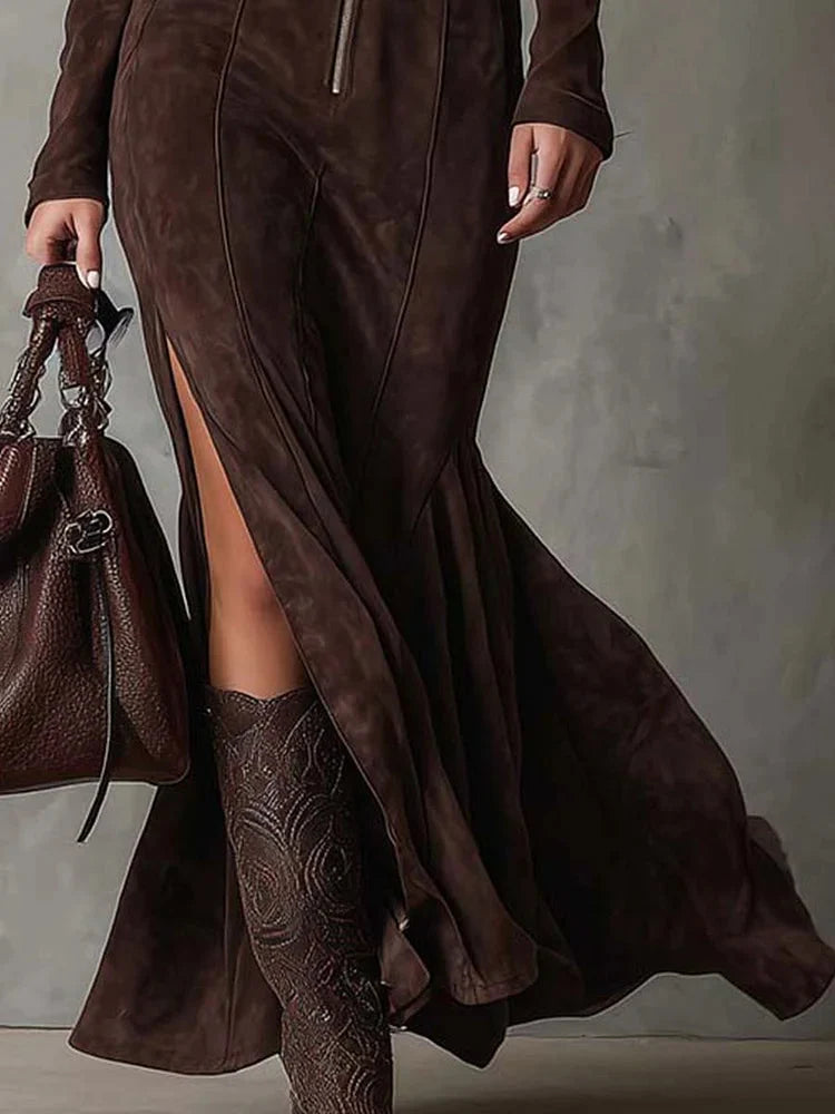 Noreva™ | Stijlvolle Aansluitende Suède-Look Jurk – Retro Chic