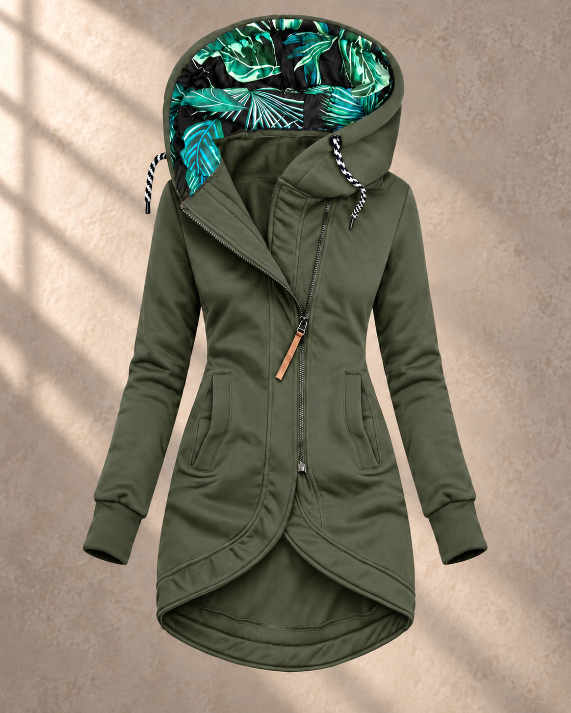 Solid Colour Printed Hooded Long Sleeve Jacket – Army Green – front view