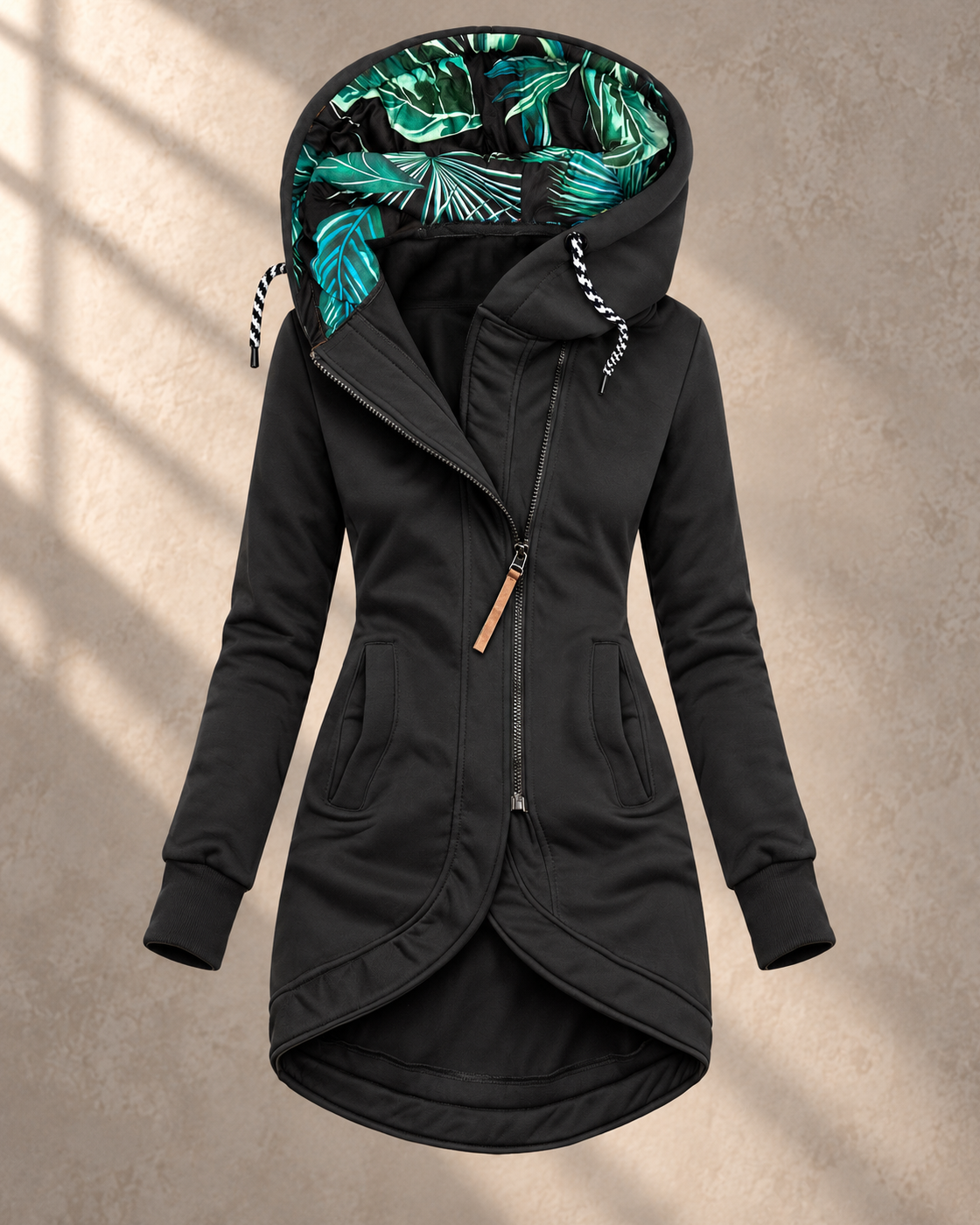 Solid Colour Printed Hooded Long Sleeve Jacket – Black – front view