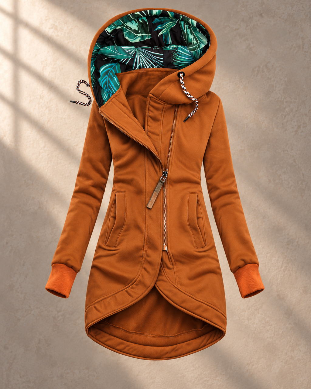 Solid Colour Printed Hooded Long Sleeve Jacket – Ginger – front view