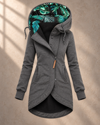Solid Colour Printed Hooded Long Sleeve Jacket – Grey – front view