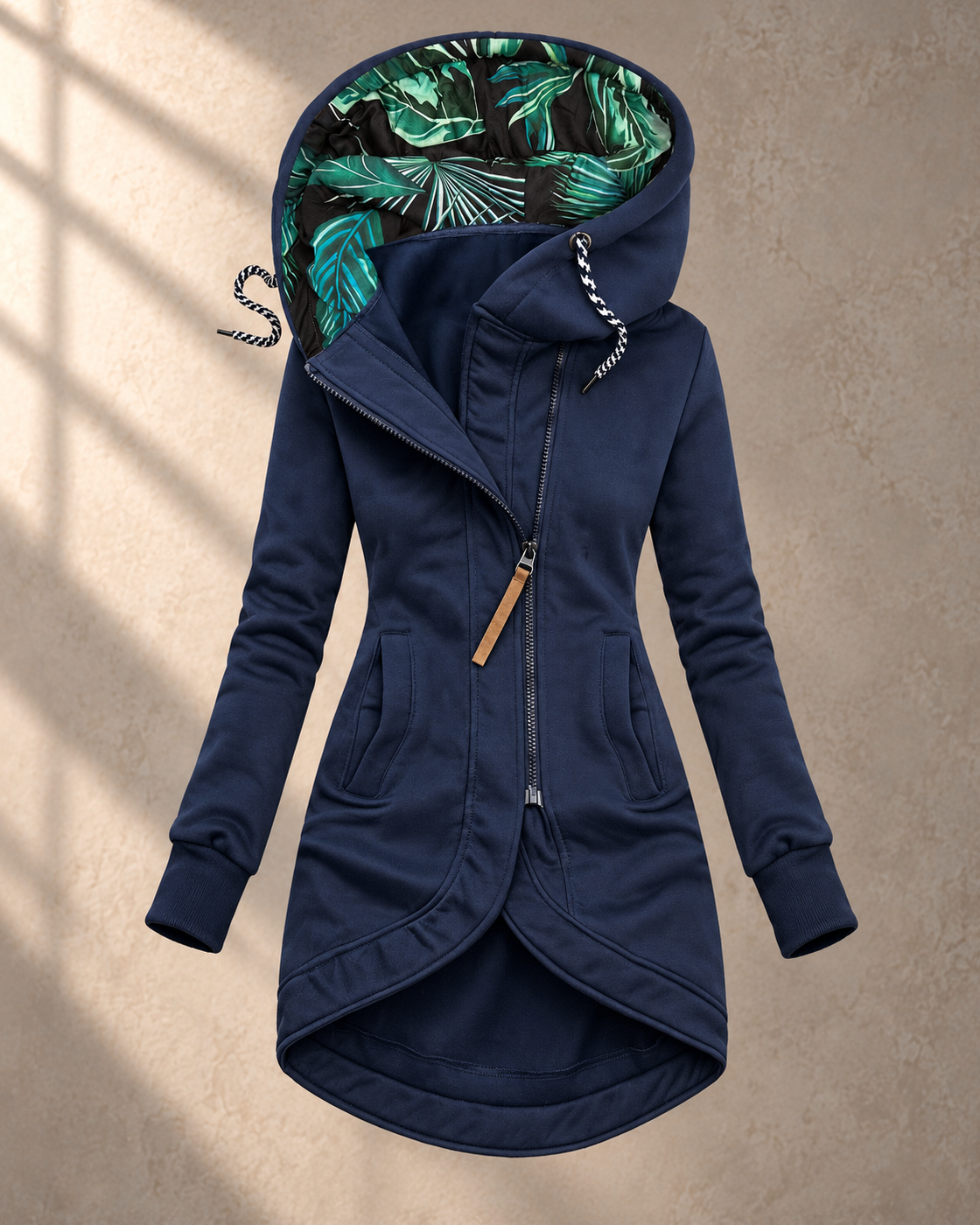 Solid Colour Printed Hooded Long Sleeve Jacket – Navy Blue – front view