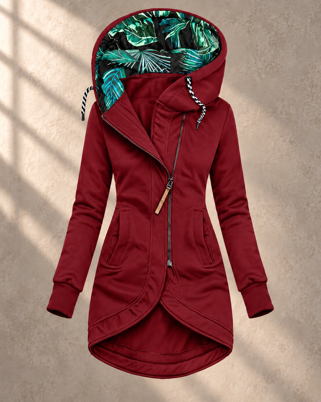 Solid Colour Printed Hooded Long Sleeve Jacket – Wine Red – front view