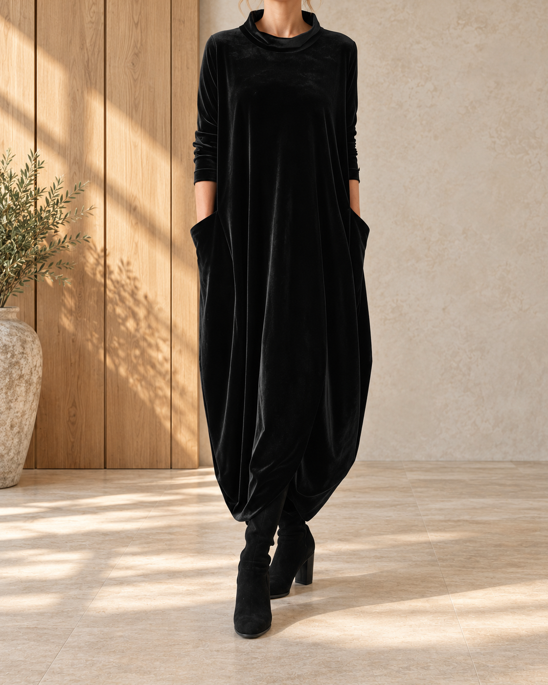 New Round Neck Long Sleeve Solid Color Dress Women — Black