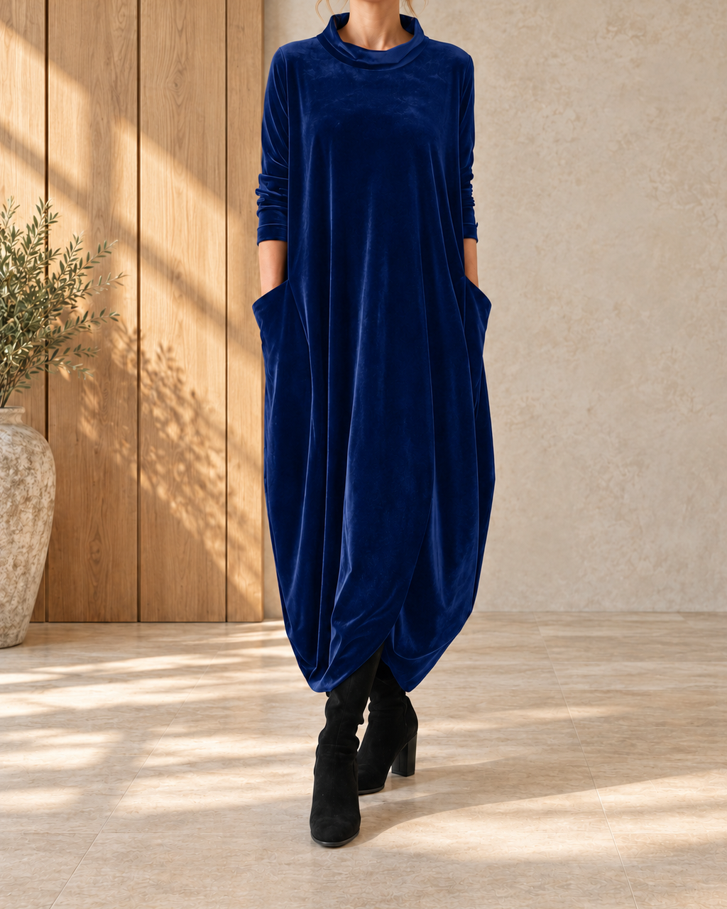 New Round Neck Long Sleeve Solid Color Dress Women — Blue