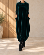 New Round Neck Long Sleeve Solid Color Dress Women — Green