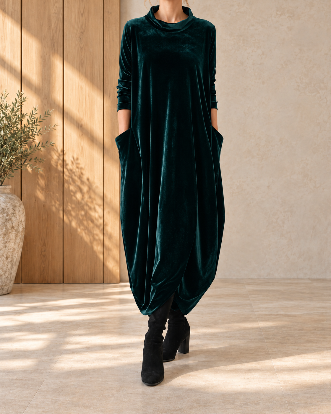 New Round Neck Long Sleeve Solid Color Dress Women — Green
