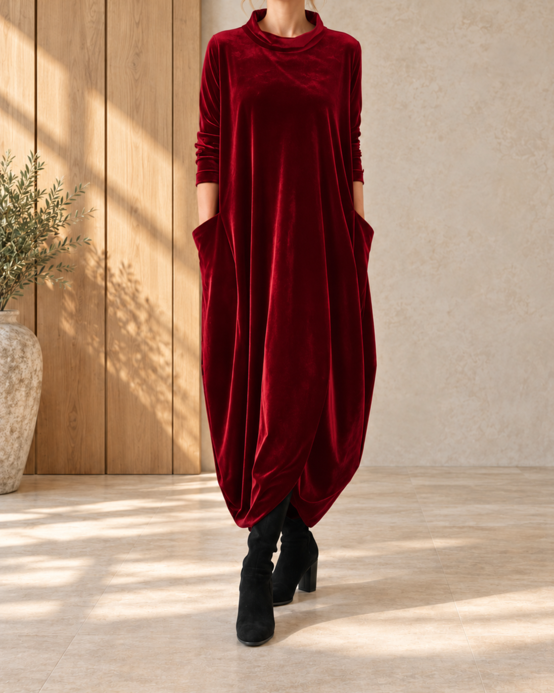New Round Neck Long Sleeve Solid Color Dress Women — Red
