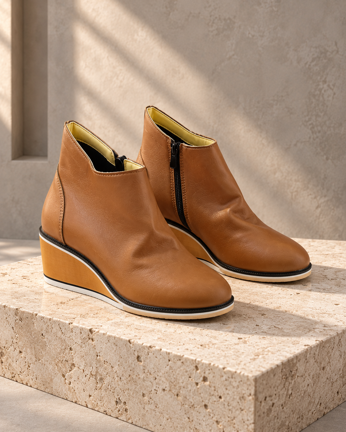 Wedge Thin Short Side Zipper Mid Heel Leather Surface Ankle Boots — Dark Brown