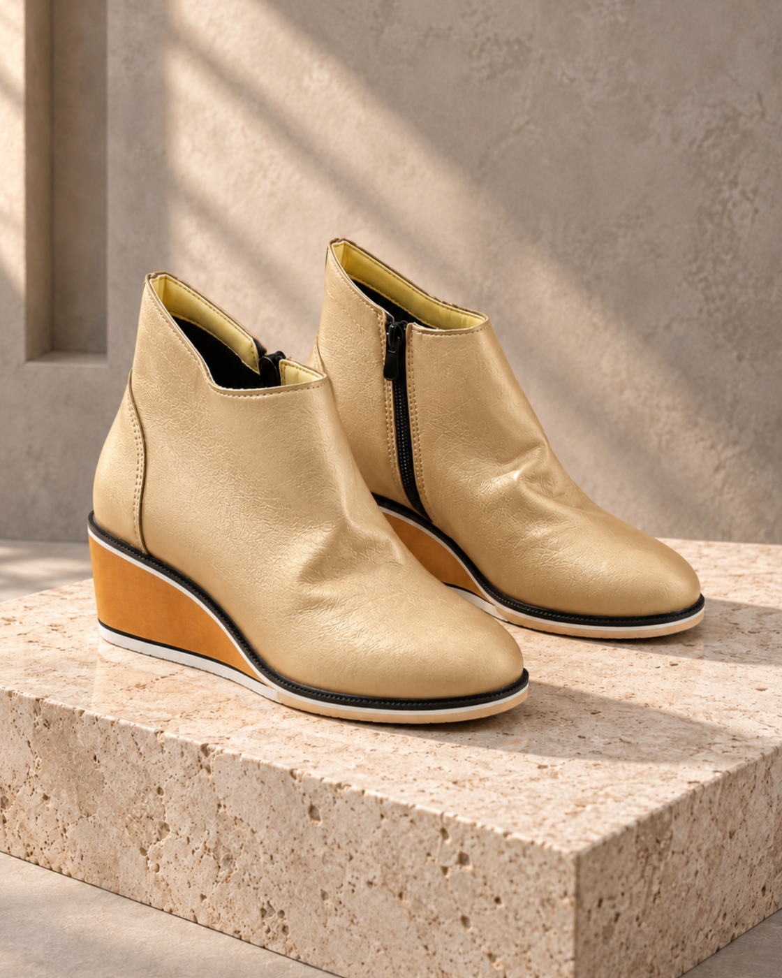 Wedge Thin Short Side Zipper Mid Heel Leather Surface Ankle Boots — Gold