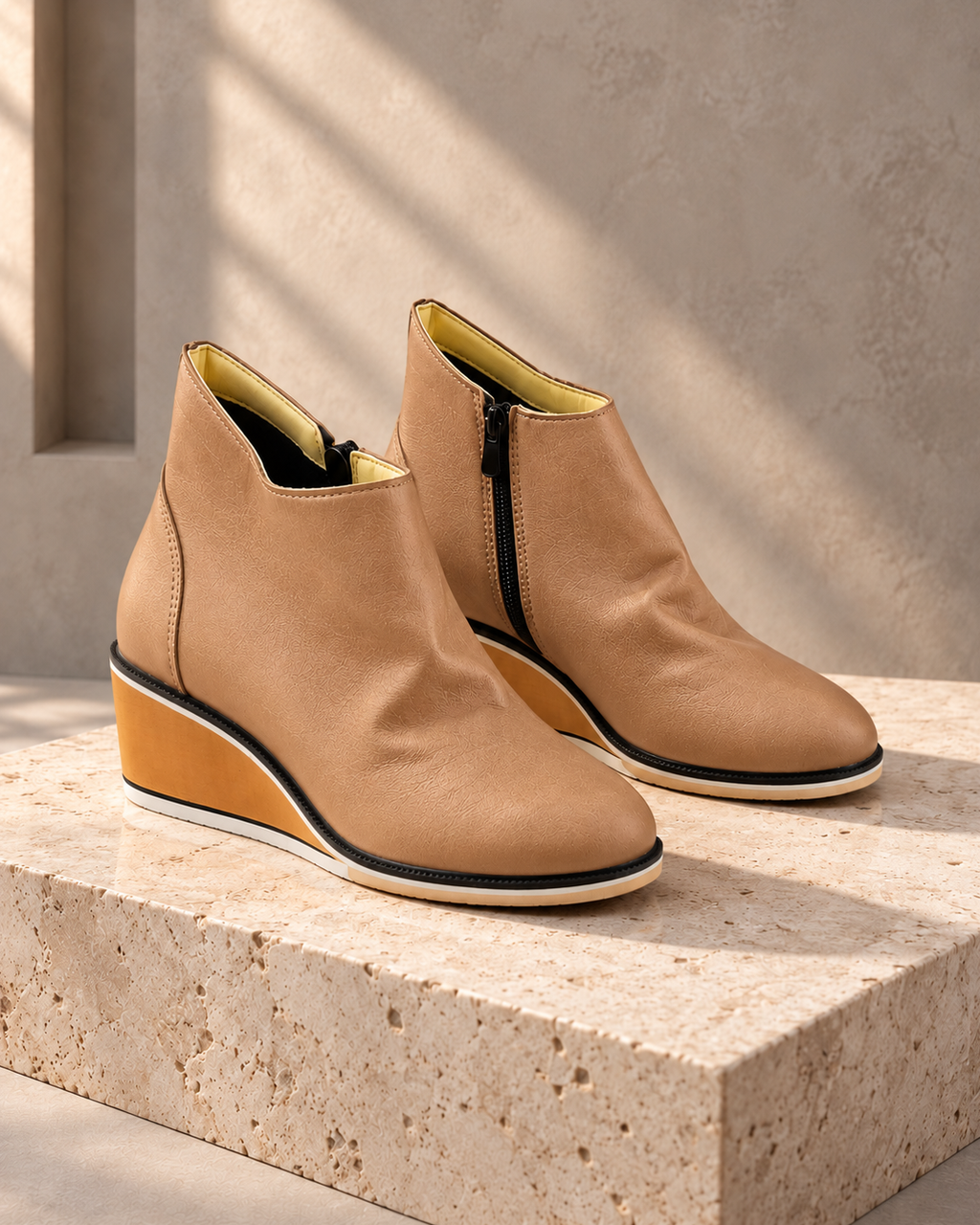 Wedge Thin Short Side Zipper Mid Heel Leather Surface Ankle Boots — Light Brown