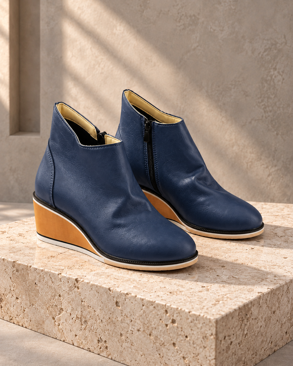 Wedge Thin Short Side Zipper Mid Heel Leather Surface Ankle Boots — Navy Blue