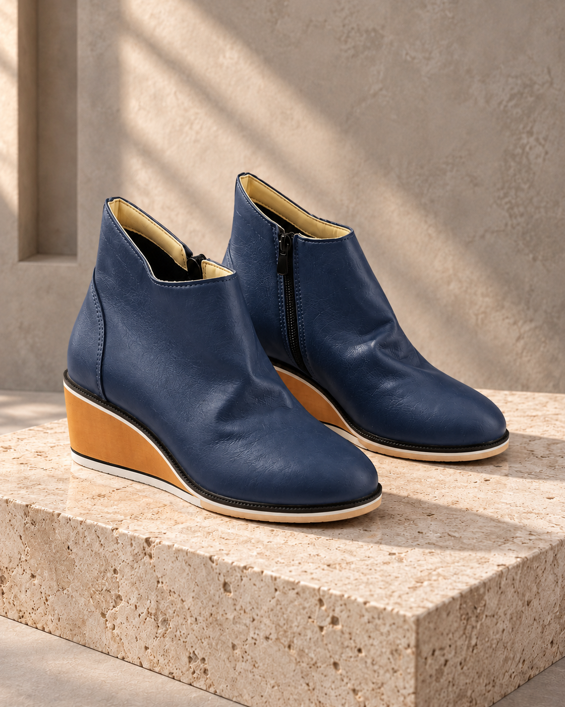 Wedge Thin Short Side Zipper Mid Heel Leather Surface Ankle Boots — Navy Blue